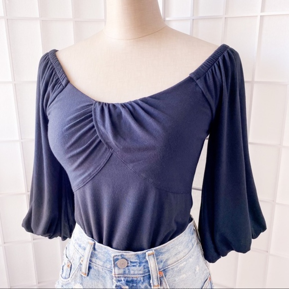 FREE PEOPLE Balloon Puffy 3/4 Sleeve Off the Shoulder Top Black - Picture 2 of 11